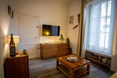 a living room with a tv and a coffee table at Appartement très cosy avec cour in Cannes