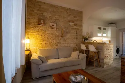 a living room with a couch and a brick wall at Appartement très cosy avec cour in Cannes