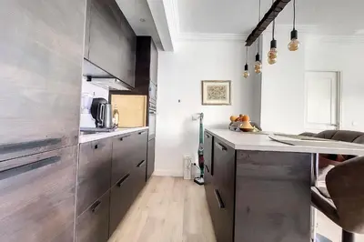 a kitchen with stainless steel cabinets and a counter at HENRI CAMILLE REAL ESTATE- Santiago - 2 bedrooms close Croisette in Cannes