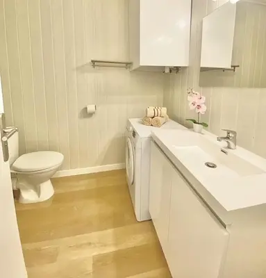 a bathroom with a toilet and a sink and a washing machine at PACA Properties 57A - Studio cosy in Cannes