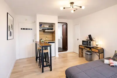 a living room with a bed and a table and a kitchen at Studio centre de Cannes in Cannes