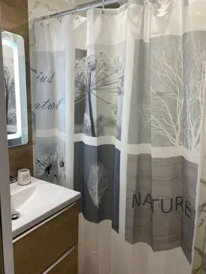 a bathroom with a shower curtain with a sink at Studio CANNES PARC CROISETTE in Cannes