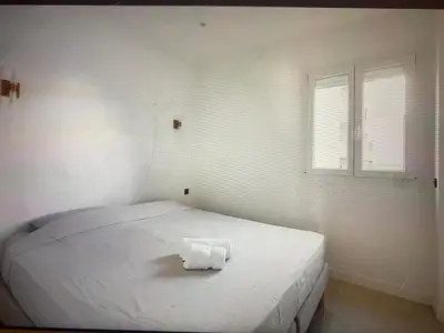 a white bed in a room with two windows at Appartement Avec Terrasse Centre-ville Croisette in Cannes