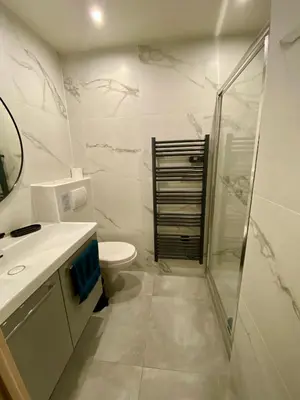 a white bathroom with a shower and a toilet at Appartement rénové Cannes Suquet in Cannes