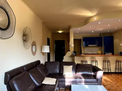 a living room with a brown leather couch and a kitchen at Cannes Montfleury grand confort in Cannes