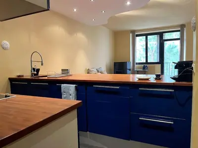 a kitchen with blue cabinets and a wooden counter top at Cannes Montfleury grand confort in Cannes