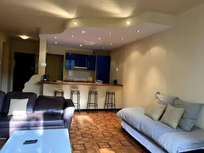 a living room with two couches and a kitchen at Cannes Montfleury grand confort in Cannes