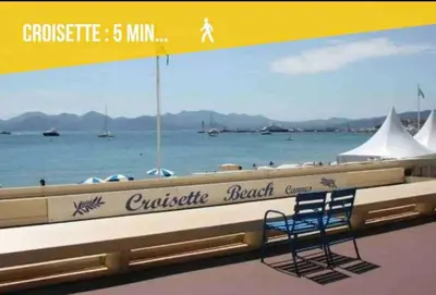 a kitchen with blue cabinets and a sink and a window at Perle Rare Cannes Croisette Vue Mer Parking 4P in Cannes