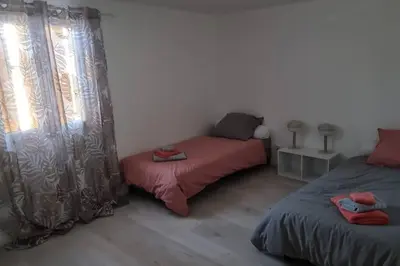 a bedroom with two twin beds and curtains at Villa Paradis - Cannes in Cannes