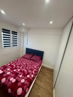 a small bedroom with a red bed with red pillows at Joli Appartement 2 pieces Cannes in Cannes