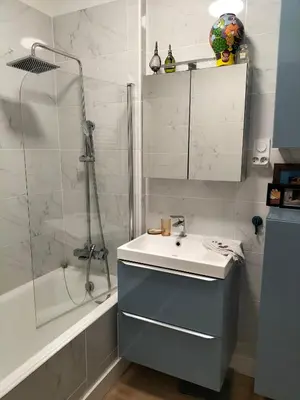 a bathroom with a sink and a shower at Le Vallombrosa - Deux pièces lumineux et confortable in Cannes