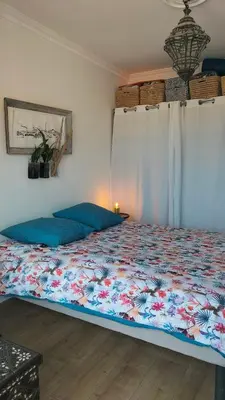 a bedroom with a large bed with blue pillows at Le Vallombrosa - Deux pièces lumineux et confortable in Cannes
