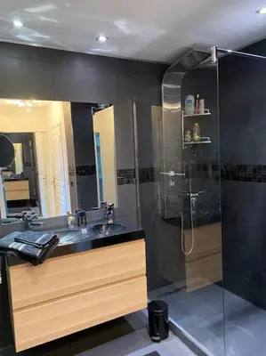a bathroom with a sink and a shower at Appartement Les Eucalyptus dans domaine privé à Cannes in Cannes
