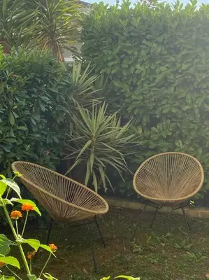 two wicker chairs sitting in front of some bushes at Appartement Les Eucalyptus dans domaine privé à Cannes in Cannes