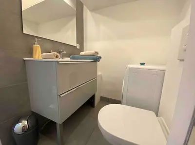 a bathroom with a white toilet and a sink at L'Orangeraie Centre Cannes Martinez, Beau F2 avec terrasse in Cannes