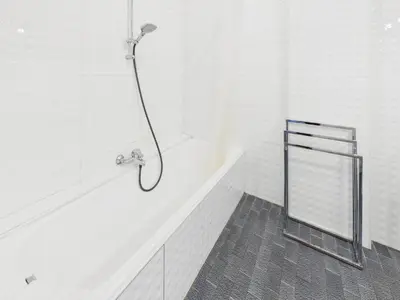 a shower in a white bathroom with a mirror at Central -300m Palais- Seaview-A/C-WIFI-spacieux in Cannes