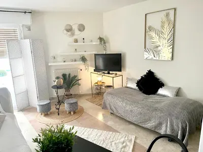 a living room with a bed and a flat screen tv at Studio charmant au cœur de Cannes avec balcon et parking in Cannes