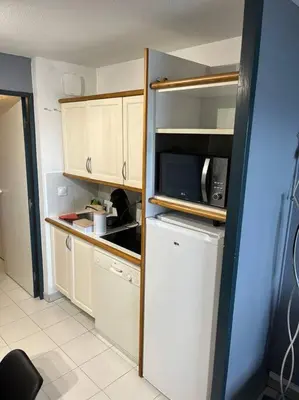 a kitchen with a white refrigerator and a microwave at Appartement vue sur mer in Cannes