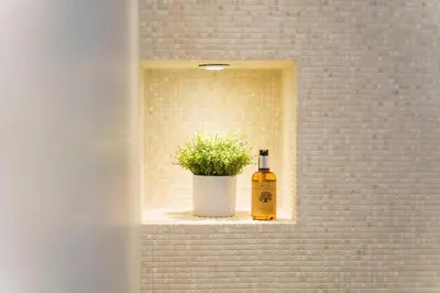a bottle of soap and a plant in a window at Downtown Cannes Modern 1-Br Apartment in Cannes