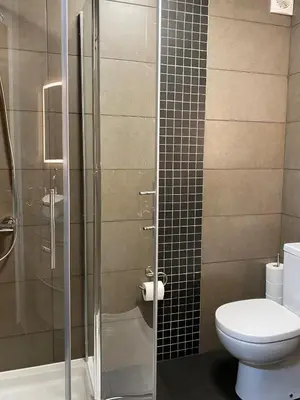 a bathroom with a toilet and a glass shower at Appartement Mimosa Croisette in Cannes