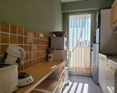 a kitchen with a counter with a refrigerator and a window at LA PRESQU'ILE T2 PALM BEACH MOURE ROUGE in Cannes