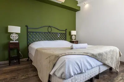 a bedroom with green walls and a bed with a blanket at Penthouse Duplex with Rooftop Terrace in Cannes