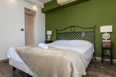 a bedroom with a bed with a green wall at Penthouse Duplex with Rooftop Terrace in Cannes