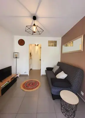 a living room with a couch and a table at Cosy Studio à Cannes 8 min de la Croisette in Cannes