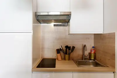a kitchen with a sink and a stove top oven at Cannes proche Croisette et palais magnifique appartement 4 couchages in Cannes