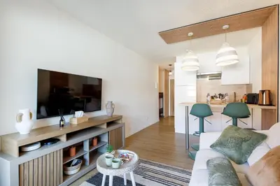 a living room with a couch and a tv and a kitchen at Cannes proche Croisette et palais magnifique appartement 4 couchages in Cannes