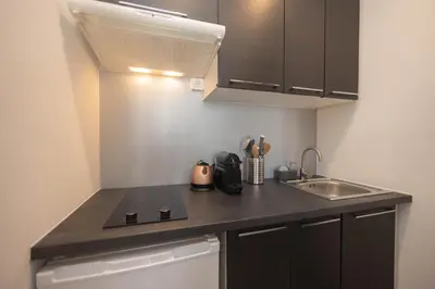 a small kitchen with a sink and a counter top at Splendide et idéalement situé proche du palais. in Cannes