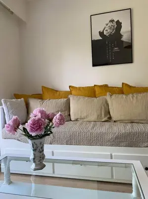 a living room with a couch and a vase with flowers at Joli studio calme et central in Cannes