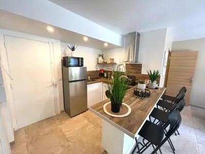 a kitchen with a table with chairs and a refrigerator at COSY MADRID, appartement proche de la mer in Cannes