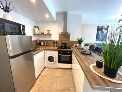 a kitchen with a refrigerator and a dishwasher at COSY MADRID, appartement proche de la mer in Cannes