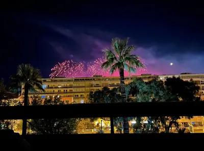 a building with a palm tree and pink fireworks at Appartement cannes Croisette in Cannes