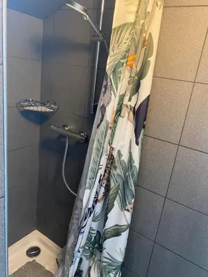 a shower curtain in a bathroom with a toilet at WE CANNES ! Cocoon Duplex in dowtown in Cannes
