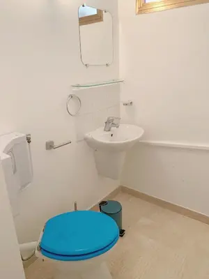 a bathroom with a blue toilet and a sink at Appartement front de mer, 80M2 (3P), Piscine & Mer in Cannes