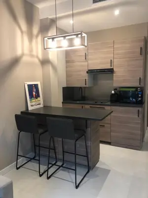a kitchen with a table and chairs in a room at Boulevard de la croisette PALAIS MIRAMAR in Cannes