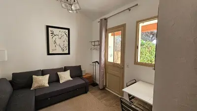a living room with a couch and a window at PROCHE CONGRES PLAGES CLIM in Cannes