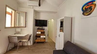 a living room with a desk and a television at PROCHE CONGRES PLAGES CLIM in Cannes