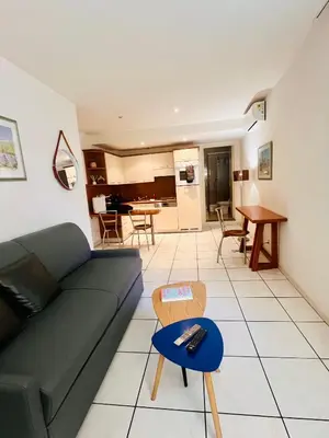 a living room with a couch and a table at Cannes en plein cœur in Cannes