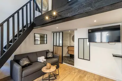 a living room with a couch and a flat screen tv at 3 LEGOF - Charmant appartement 4 couchages centre Cannes in Cannes