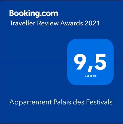 a blue text box with the number seventyfive at Appartement Palais des Festivals in Cannes