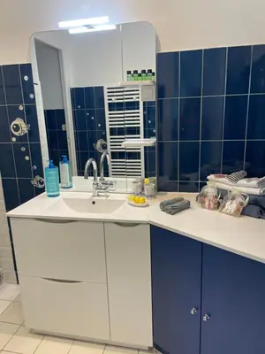 a bathroom with a sink and a large mirror at Toit terrasse proche plages Croisette et Palais des Festivals in Cannes