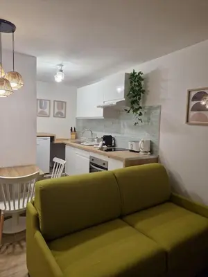 a living room with a green couch in a kitchen at Studio cosy près de la Croisette in Cannes