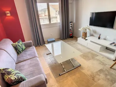 a living room with a couch and a tv at 1 bedroom rue d'Antibes , 1 min from the Croisette, 5 mins from the Palais 202 in Cannes
