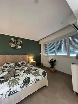a bedroom with a bed and a green wall at Superbe 2 pièces, tout équipé centre de Cannes. in Cannes