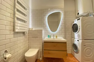 a bathroom with a washing machine and a sink at New apartment in Forville with balcony in Cannes