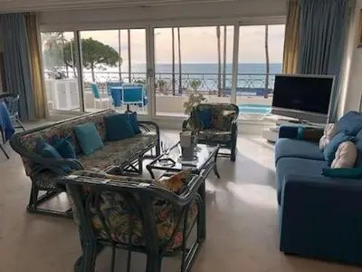 a living room with couches and chairs and a television at Appartement Miramar Cannes Croisette in Cannes