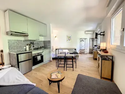 a kitchen and a living room with a table at Appartement cosy au centre de Cannes in Cannes